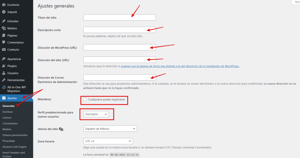 Ajustes generales wordpress